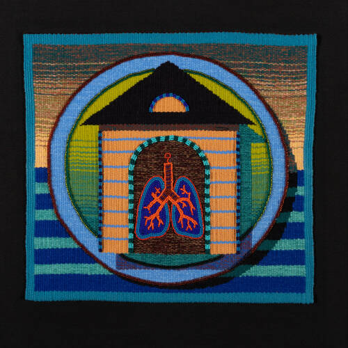 Woven textile with a house shape with lungs.